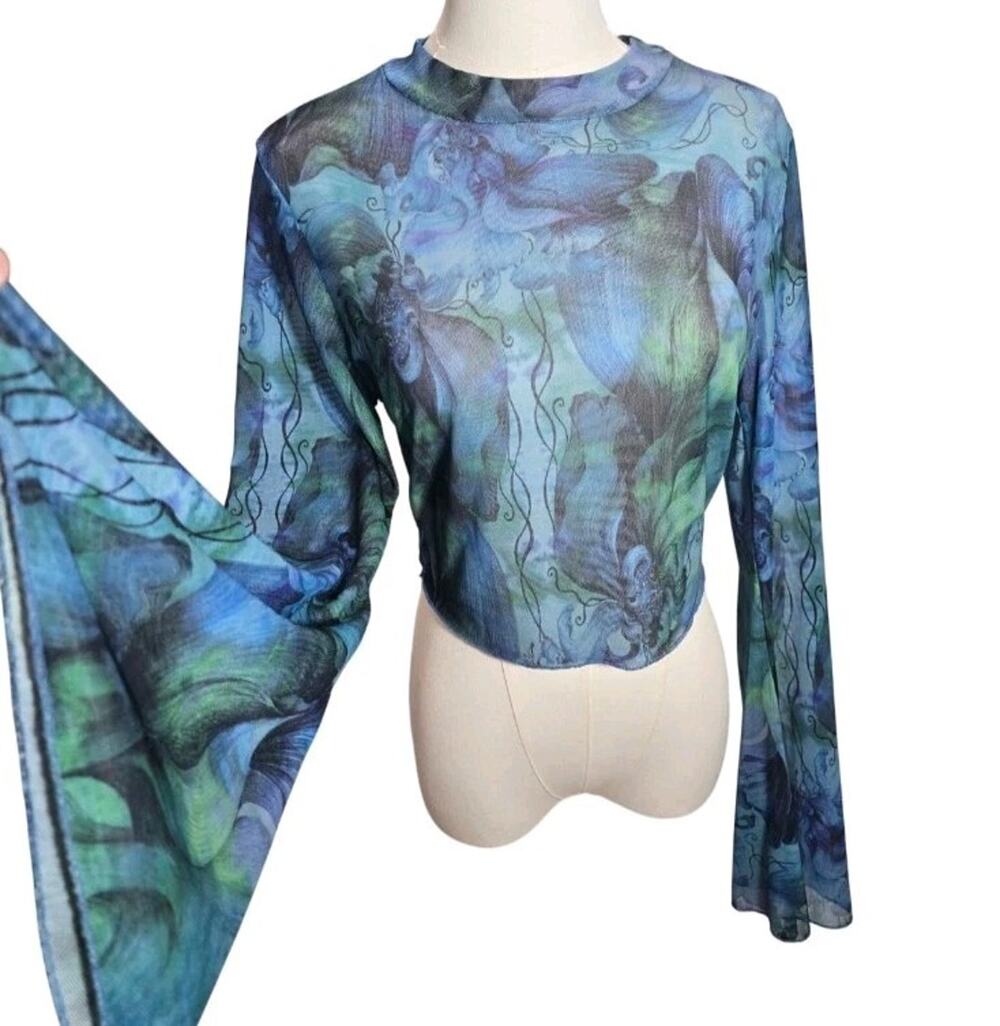 Sheer Mesh Crop Top Bell Sleeve Mermaidcore Fairycore Watercolor Blue Green M